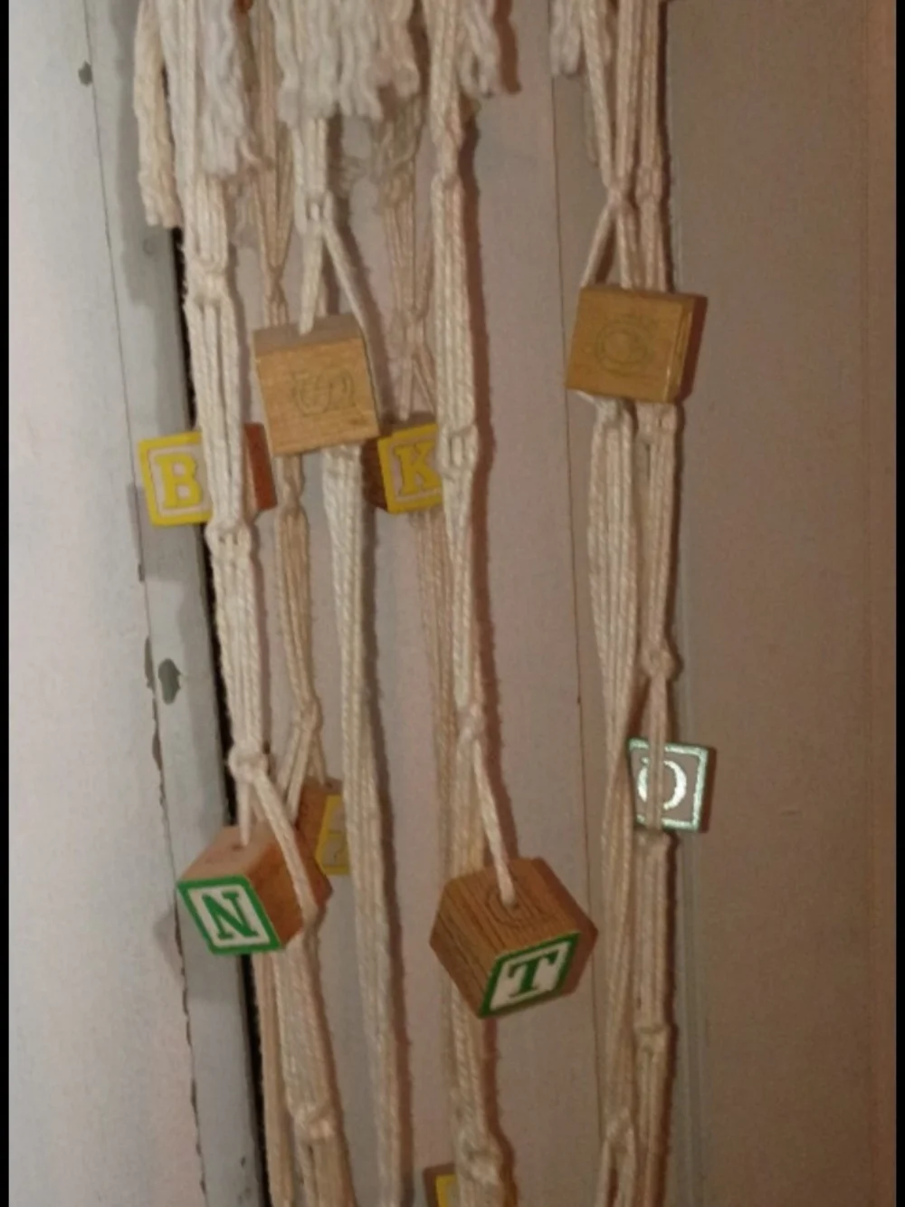Handmade Macramé Plant Hanger with Wooden Blocks - Cream and Natural